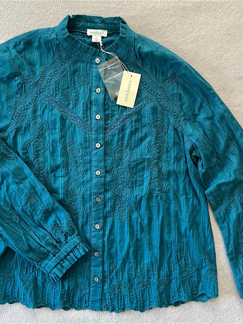 Sundance NWT Teal Luella Victorian Top Full  Embroidered High Neck Boho Romantic